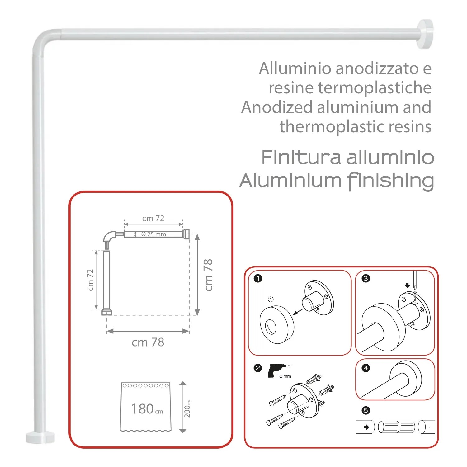t.b.t. asta per tenda doccia, forma a L, look alluminio bianco, istruzioni di montaggio.