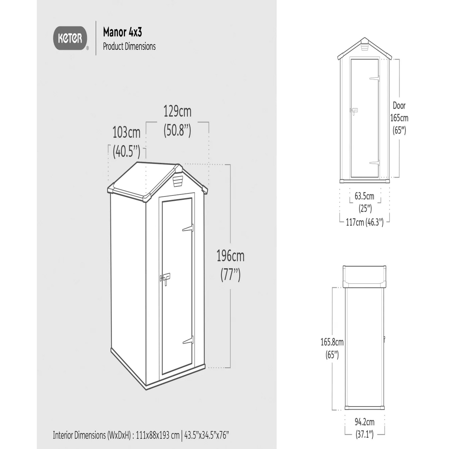 Schizzo: Casetta da giardino Keter Manor 4x3, dimensioni 196x128x94 cm, grigio-bianca, in plastica.