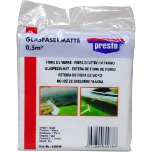 Presto stuoia in fibra di vetro 0,5 m² in sacchetto trasparente, adatta per riparazioni e laminazione.