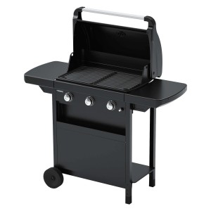 Barbecue a gas t.b.t. nero con ripiani laterali e coperchio aperto.