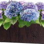 Fioriera marrone in Fiberclay (27x27x59 cm) con texture legno, piantata con ortensie viola.