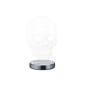 Lampada da tavolo LED teschio cromata, alta 21,5 cm, con design a teschio.