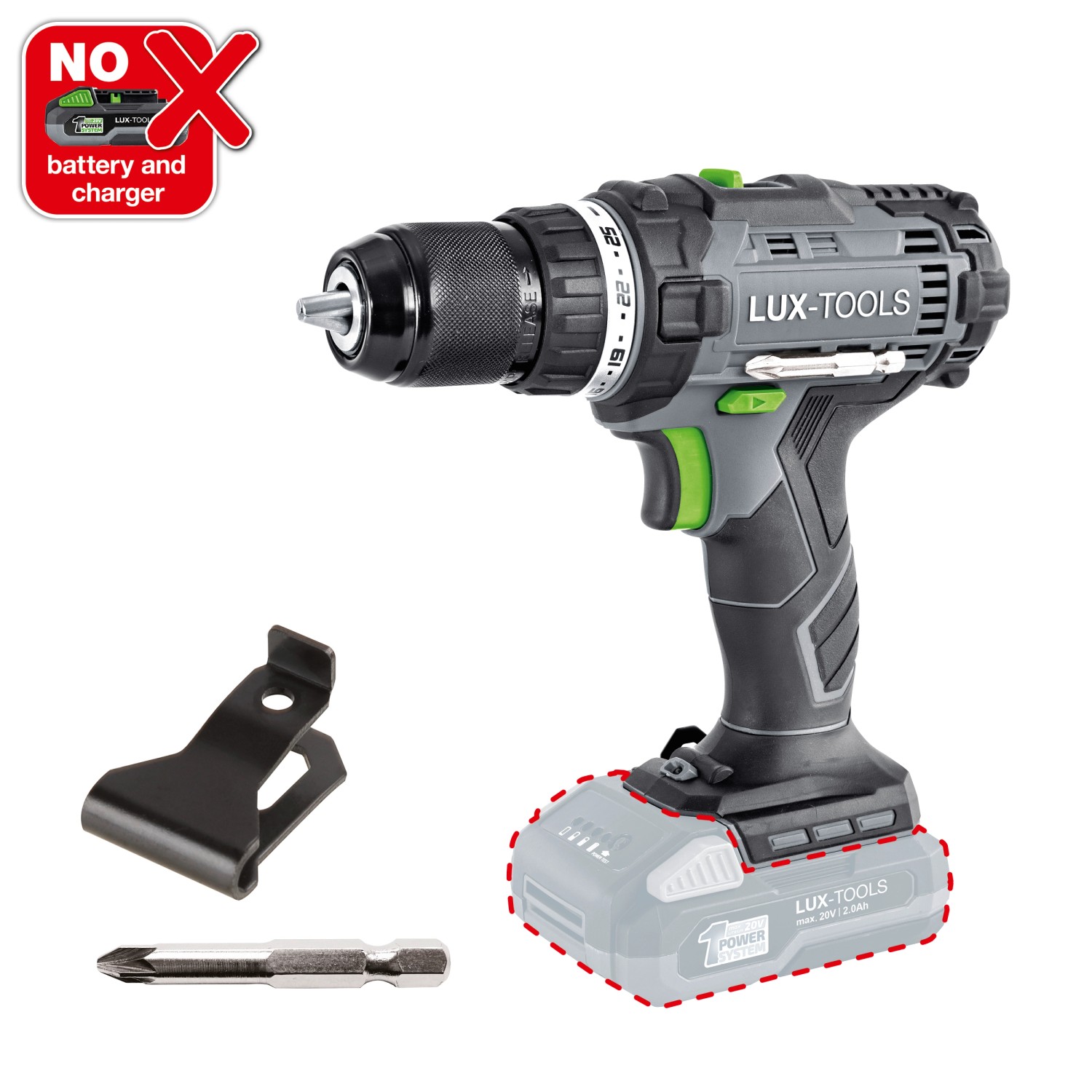 Avvitatore a batteria LUX A-BS-20 (senza batteria/caricabatterie) con inserto e clip da cintura.