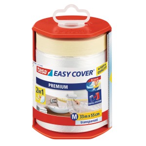 Tesa Easy Cover Premium telo di copertura con nastro, 33 m x 0,55 m, in dispenser rosso.