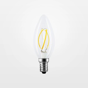 Lampadina LED E14 trasparente a forma di goccia con filamento a spirale.