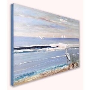 Quadro "t.b.t.": Scena costiera con airone, gabbiano e barche a vela.