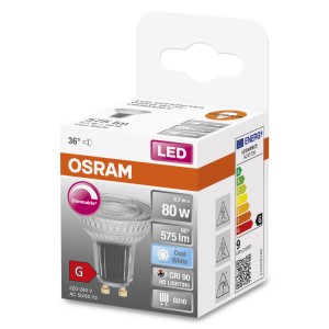 Lampadina LED GU10 Osram, dimmerabile, 80W, Cool White. Faretto LED per illuminazione d'atmosfera.