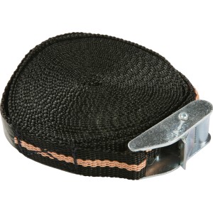 Cinghia di tensione t.b.t. nera con fibbia in metallo, arrotolata.