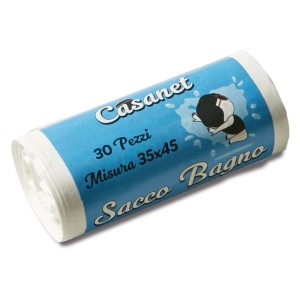 Rotolo di sacchetti per pattumiera blu "Sacco Bagno", 30 pezzi, misura 35x45, per cestini da bagno.
