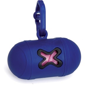 Distributore di sacchetti igienici per cani blu con clip per guinzaglio.