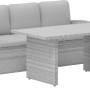Set di mobili da giardino grigio con divano, tavolo e due poltrone.