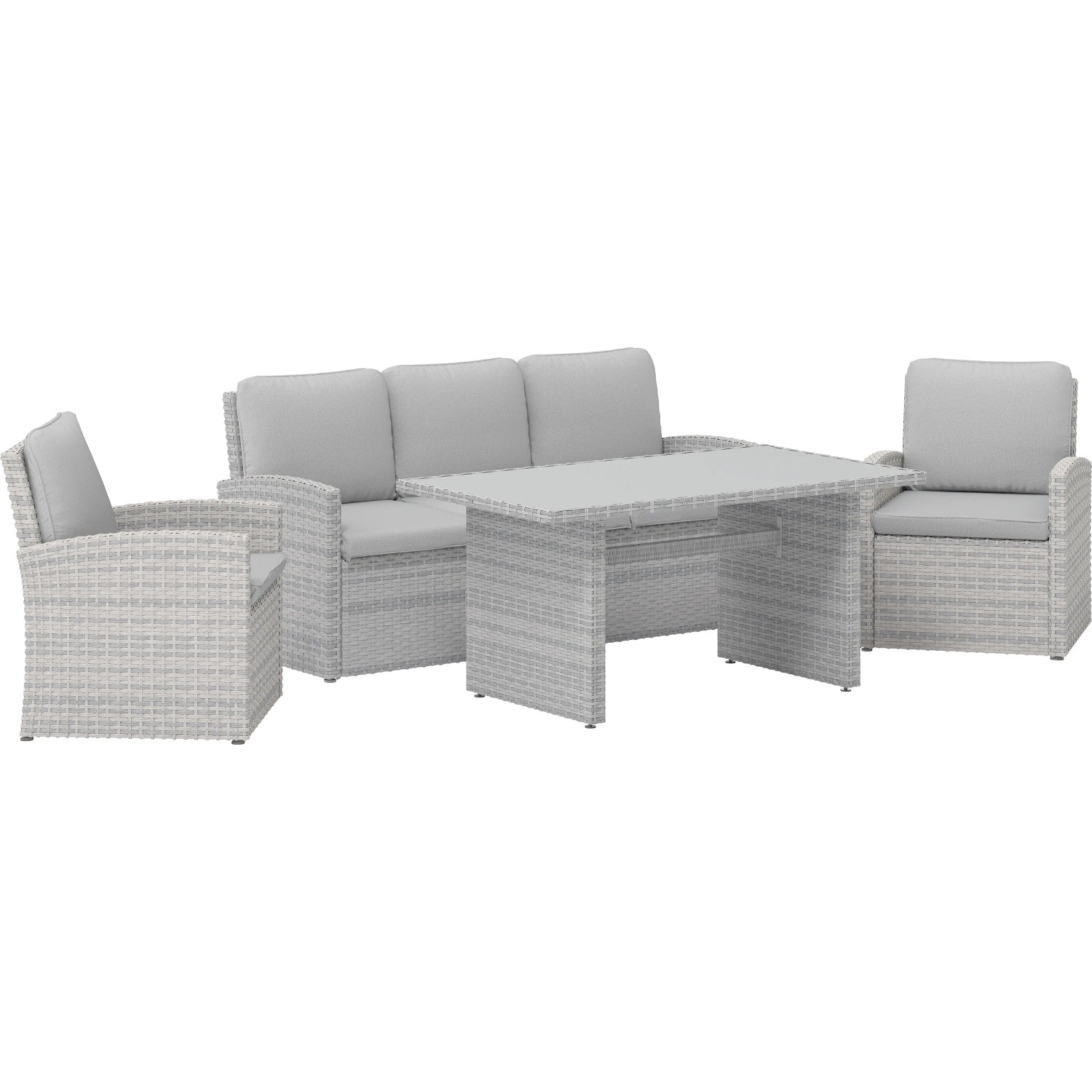 Set di mobili da giardino grigio con divano, tavolo e due poltrone.