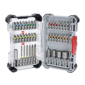 Set di inserti con vari inserti per cacciavite e bussole in custodia trasparente.