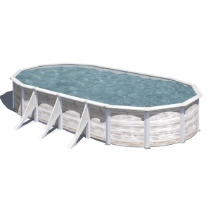 Piscina ovale Gre Pool Finlandia con look Nordic in bianco, 730x375x120 cm. Piscina fuori terra con decoro legno.