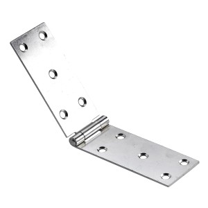 Cerniera per mobili in metallo aperta con fori di montaggio.