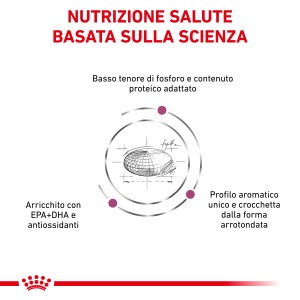 Illustrazione dei valori nutrizionali di t.b.t. cibo per gatti: Basso fosforo, alto contenuto proteico, EPA/DHA, antiossidanti, crocchetta arrotondata.