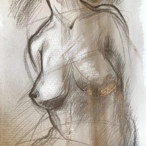 Schizzo di figura femminile, disegno a carboncino, parte di un'Intelaieatura.