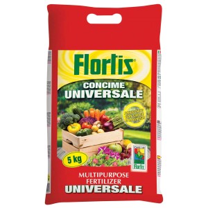 Sacco rosso di fertilizzante universale Florlis con motivo vegetale, 5 kg.