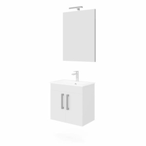 Mobile bagno bianco con mobile sottolavabo e specchio con lampada.