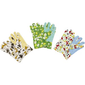 Guanti da giardinaggio con vari motivi: animali, pere e fiori.