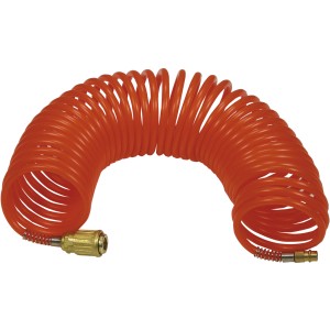 Tubo aria compressa arancione a spirale con raccordi in ottone per accessori compressore.