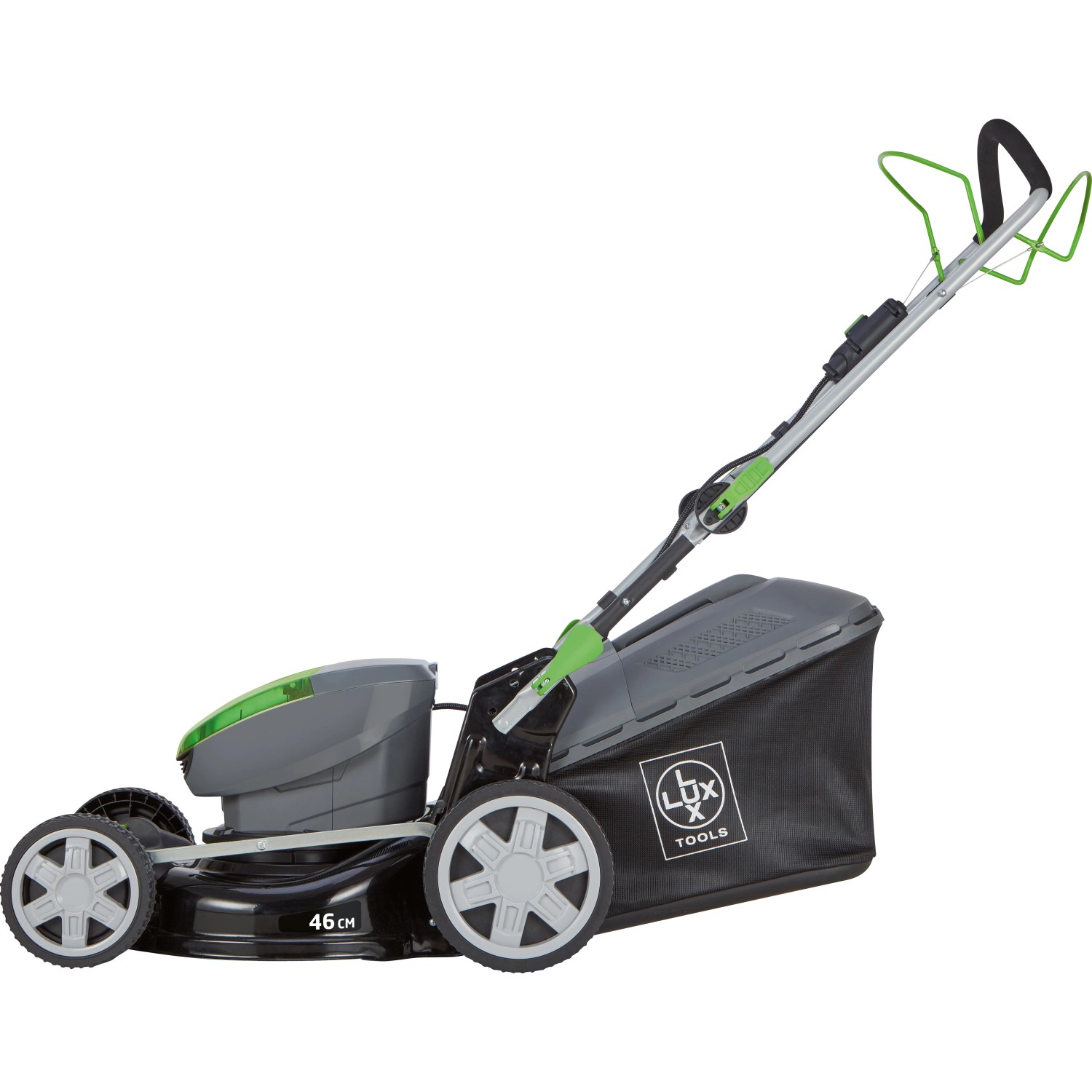 Set tosaerba a batteria LUX-TOOLS A-RM-46-24 con batterie e caricabatterie, pieghevole per risparmiare spazio.