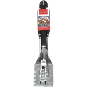 Set di utensili per barbecue da 3 pezzi: forchettone, pinze e spatola con apribottiglie.