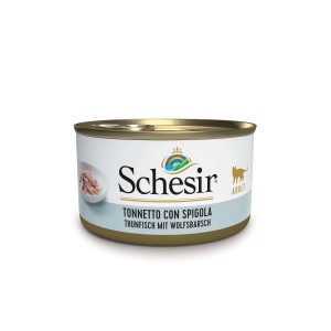 Schesir cibo per gatti tonnetto con spigola, lattina. Alimento umido per gatti adulti.