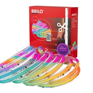 Striscia LED Brilo 3m con modalità colore RGBIC, telecomando, tagliabile e autoadesiva, davanti alla scatola rossa del prodotto.