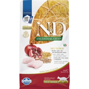 Alimento secco per gatti sterilizzati N&D con pollo, farro, avena e melograno.