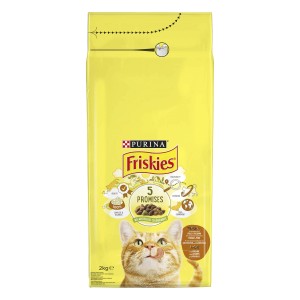 Sacchetto giallo di cibo secco per gatti Friskies con immagine di gatto.