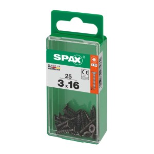 Viti universali SPAX 3x16 mm, 25 pezzi in contenitore di plastica verde.