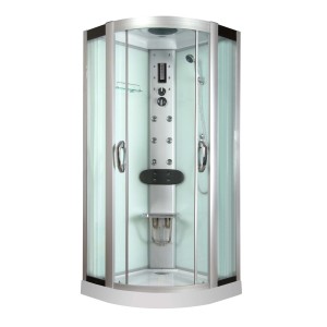 Box doccia t.b.t. con pannello multifunzione e porte in vetro.