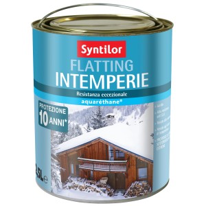 Barattolo di pittura per esterni t.b.t., con immagine di una casa in legno sulla neve.