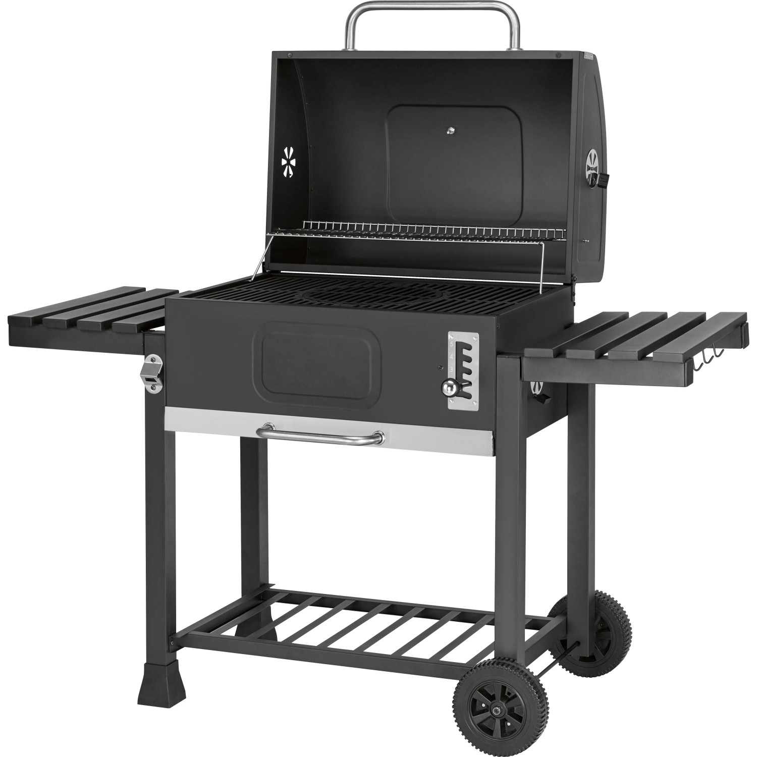 Barbecue a carbonella Jamestown Jaxon XL grigio scuro con coperchio aperto, ripiani laterali e ruote.