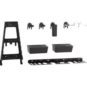 Set ganci LUX, 30 pezzi per pannello forato: ganci, supporti e vassoi per utensili.