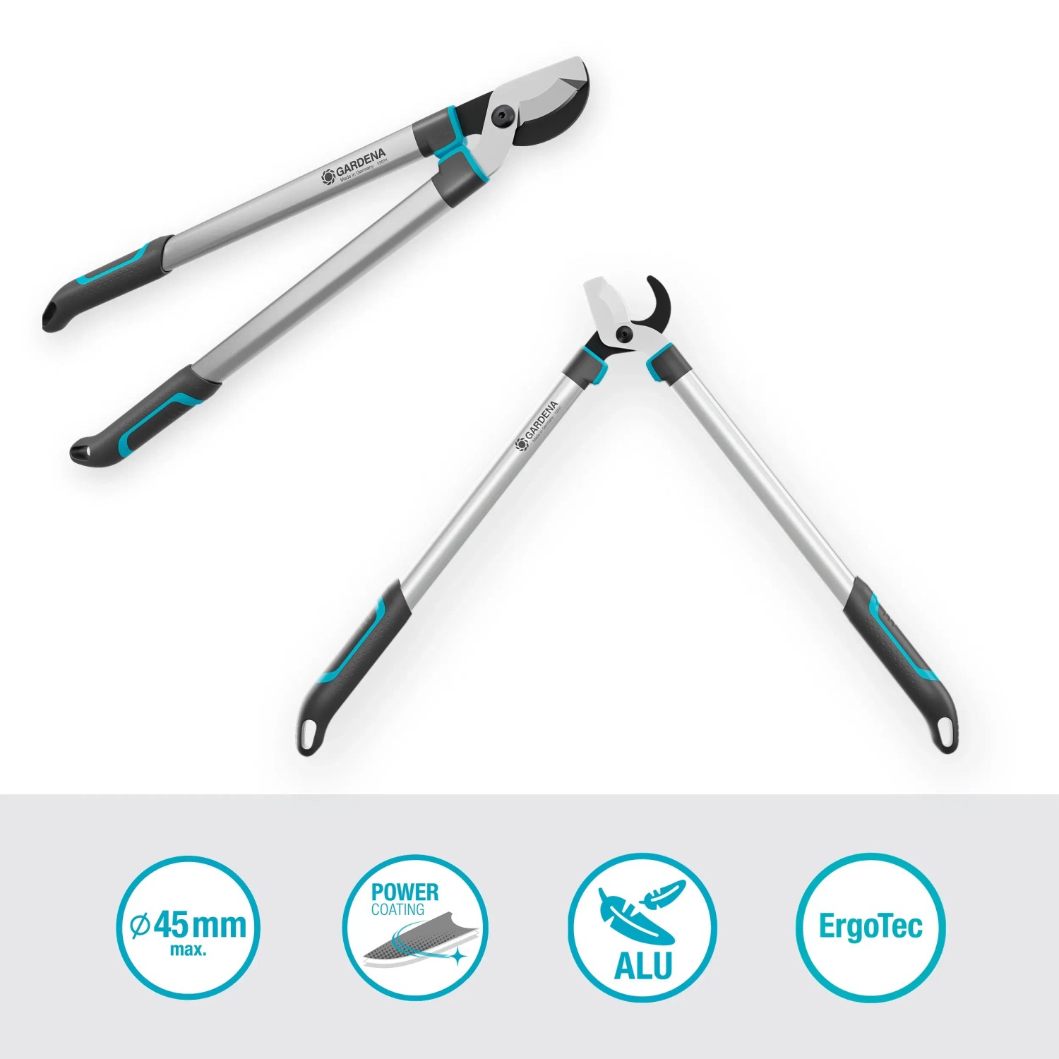 Cesoie per rami Gardena EasyCut L con taglio bypass, leve in alluminio e manici ergonomici.