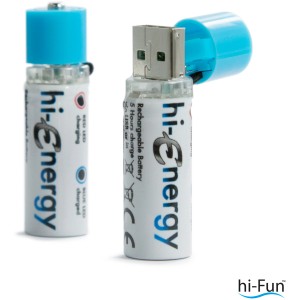 Batteria ricaricabile USB (Pile) con cappuccio blu. Batteria ricaricabile hi-Energy.