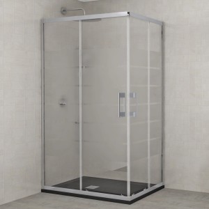 Box doccia angolare con porta scorrevole e piatto doccia nero.