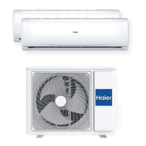Climatizzatore Haier bianco, composto da unità interna ed esterna.