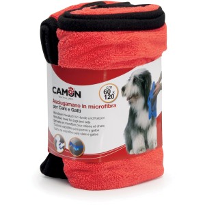 Asciugamano in microfibra rosso arrotolato con bordo nero, adatto per cani e gatti.