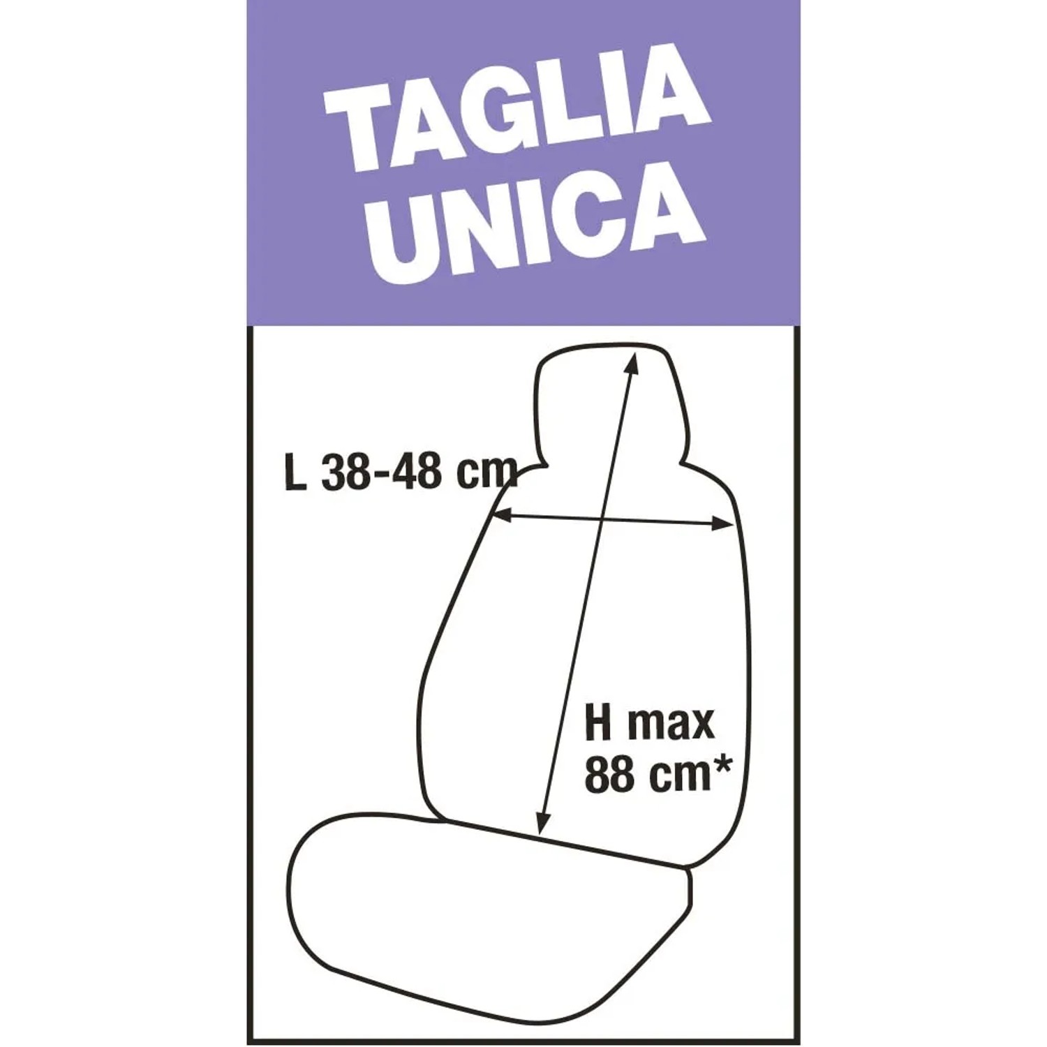 Schema delle dimensioni per accessorio interno auto t.b.t.: L 38-48 cm, H max. 88 cm.