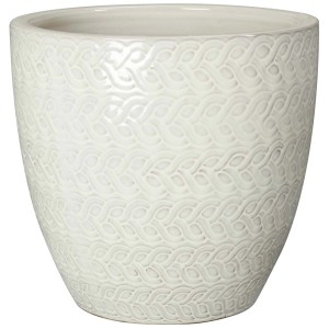 Vaso da fiori in terracotta color crema con motivo in rilievo.