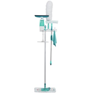 Leifheit Click System Ordnungscenter con strumenti di pulizia come mocio, lavavetri e spolverino.