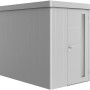 Casetta da giardino Biohort Neo 3A in argento metallizzato con porta standard. Design moderno per il giardino.