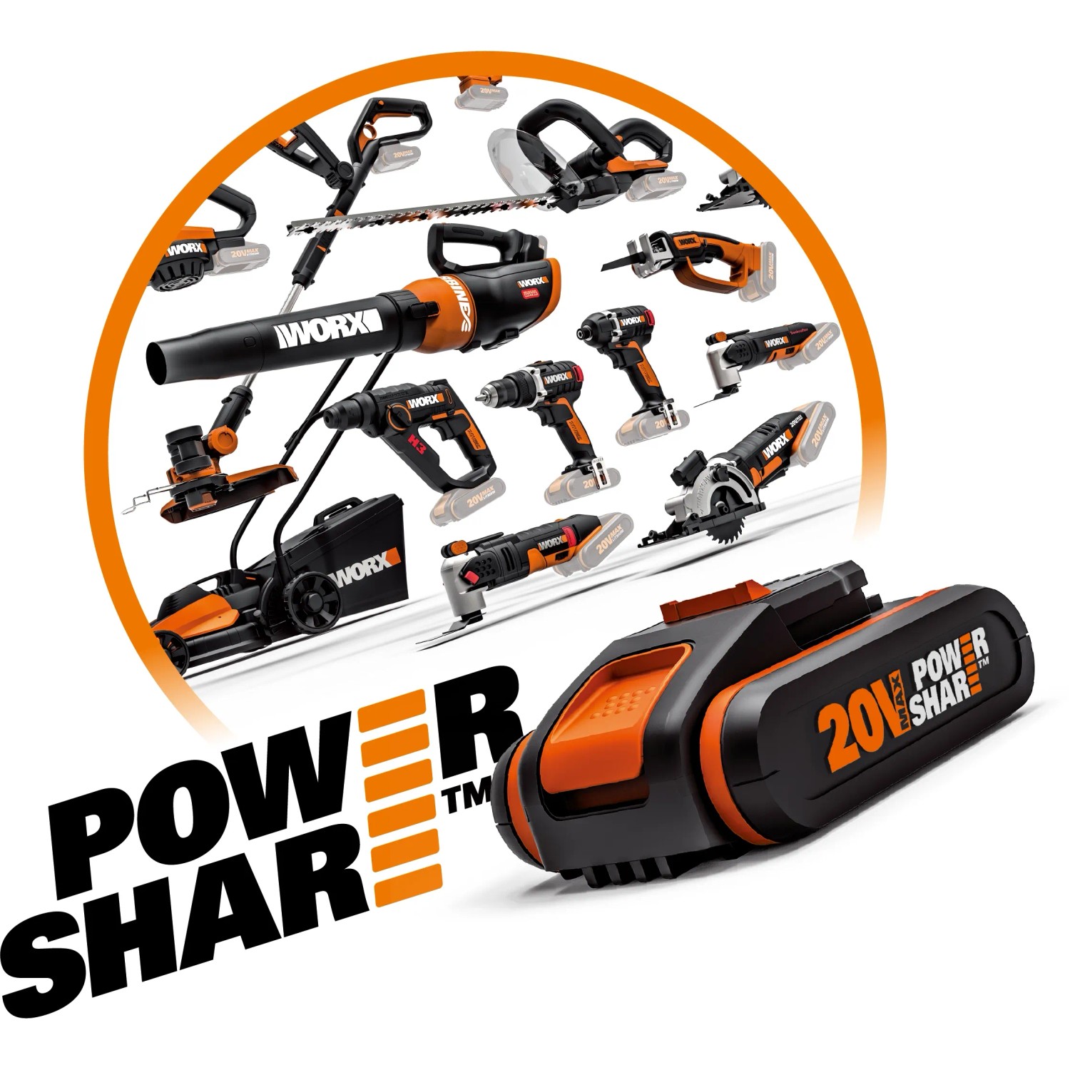 Batteria Worx PowerShare e vari utensili Worx sullo sfondo.