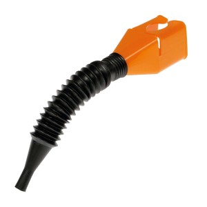 Imbuto flessibile, beccuccio di riempimento arancione con tubo nero a coste.