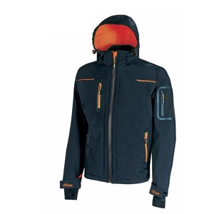 Giacca da lavoro t.b.t. blu scuro con cappuccio e dettagli arancioni.
