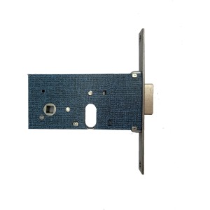Dettaglio di una serratura t.b.t. per porte interne. Metallo ed elementi blu.