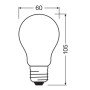 Schizzo: Lampada LED Osram E27, A100, opaca, 7.2W, 2700K, dimensioni: 10,5cm x Ø 6cm.